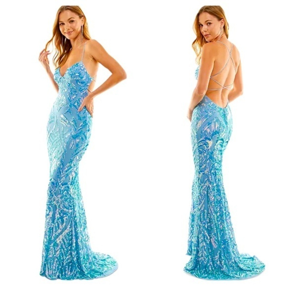 B DARLIN Sequin Blue Open Bungee Strap Back Mermaid Bottom Formal Gown